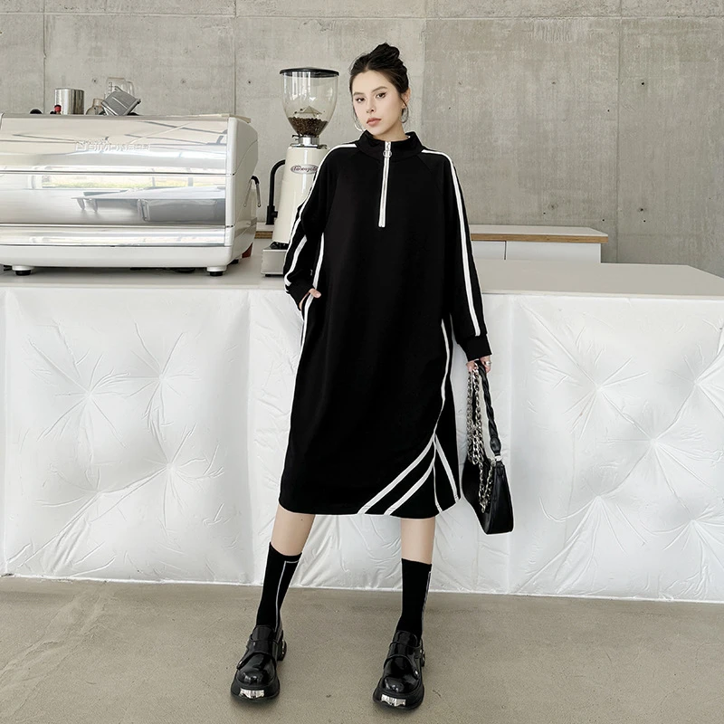 时尚百搭~中长款拼接设计休闲卫衣连衣裙女秋季宽松显瘦气质A字裙
