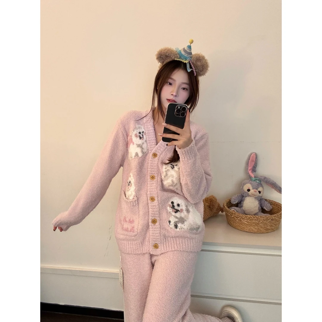 甜美可爱少女感萨摩耶小狗加厚半边绒睡衣女冬保暖套装新款家居服