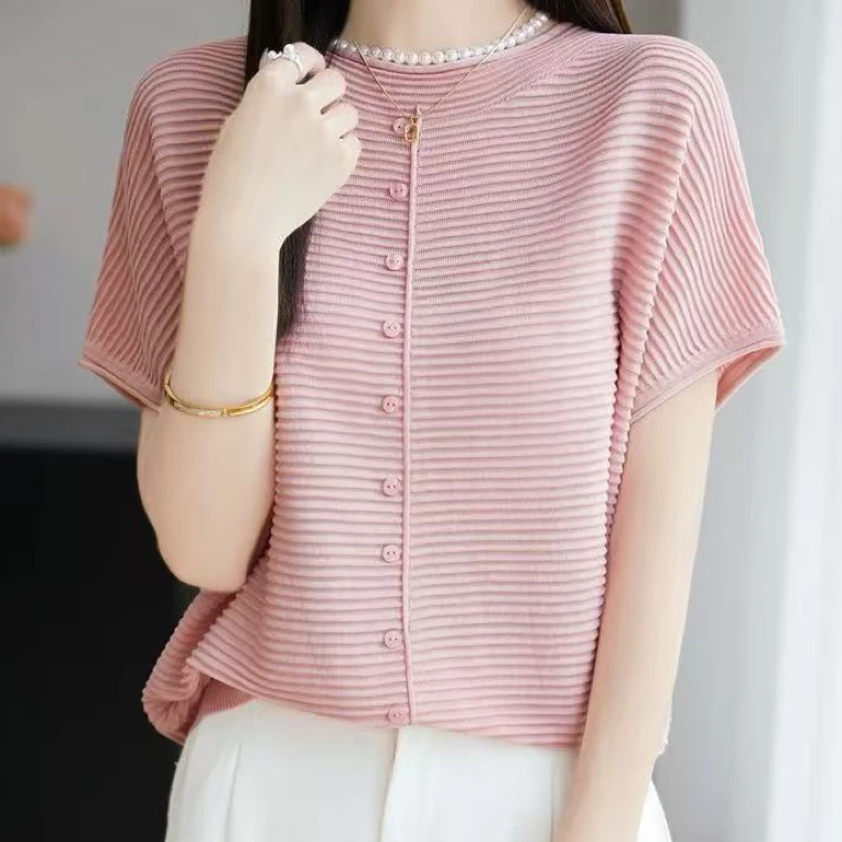 女士坑条纽扣套头小飞袖