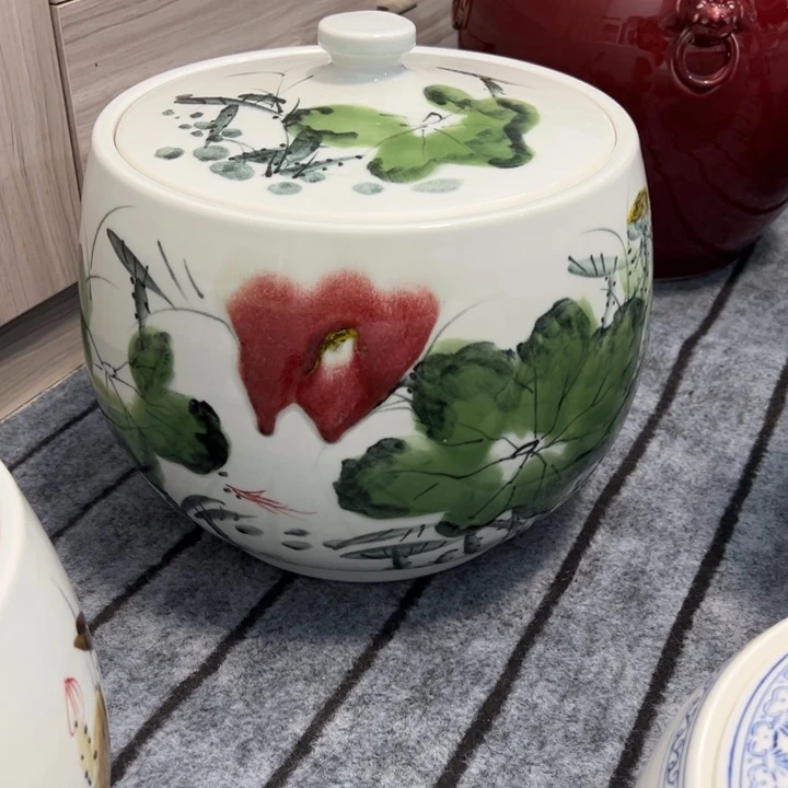 ′***飞鸿运当头大号聚宝盆荷花手绘米缸