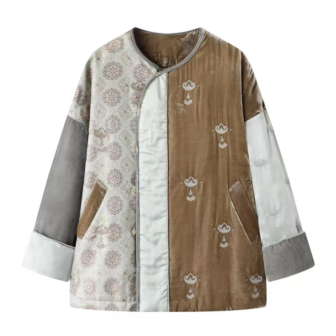 【岁锦云叙】复古风盘扣立领拼接棉衣女汉唐风宽松保暖外套D1881