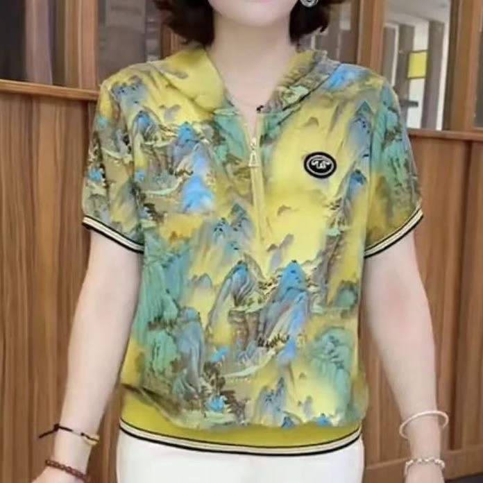 中老年妈妈夏季短袖连帽运动服时尚休闲气质夏装