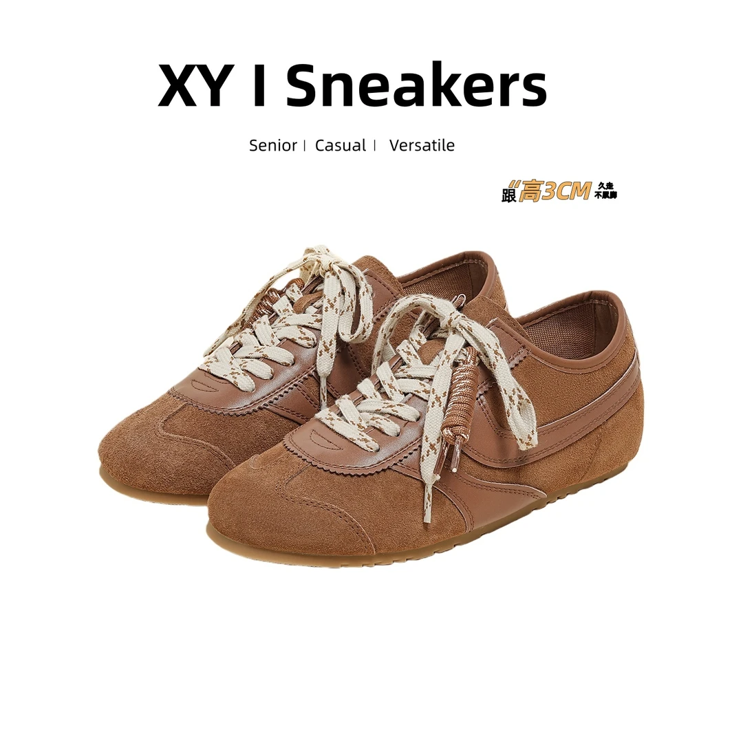 复古棕色阿甘鞋内增高绳系流苏德训女鞋牛反绒拼色百搭休闲运动鞋