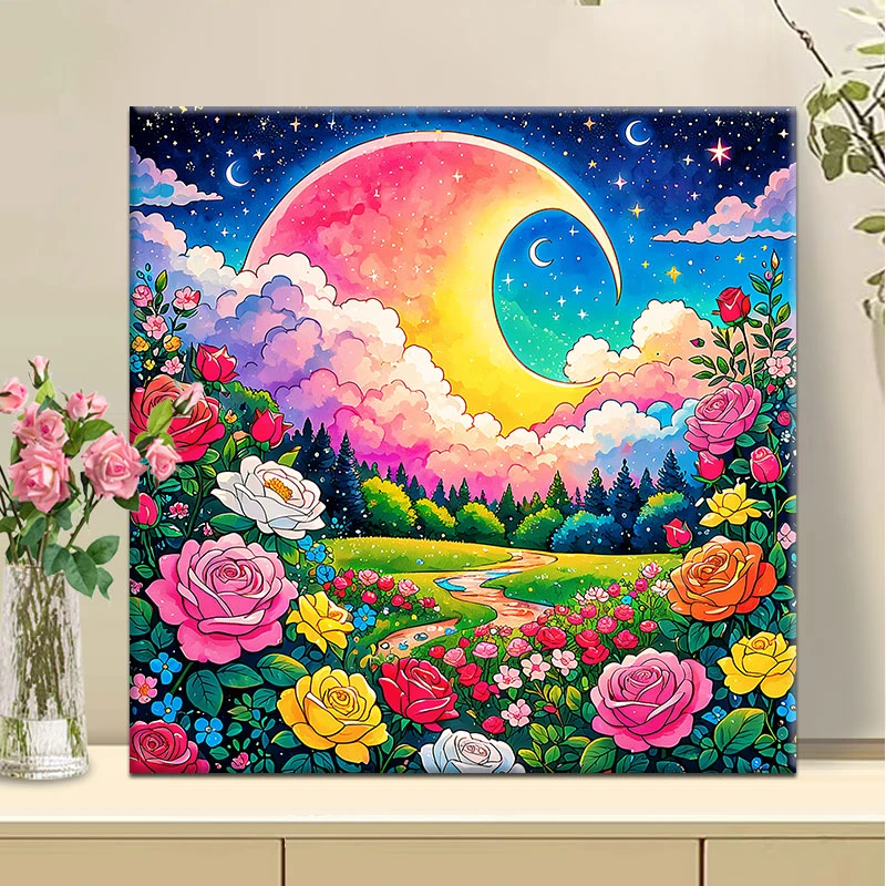彩云之月|diy数字油画丙烯填充手绘风景治愈系减压油彩涂色画