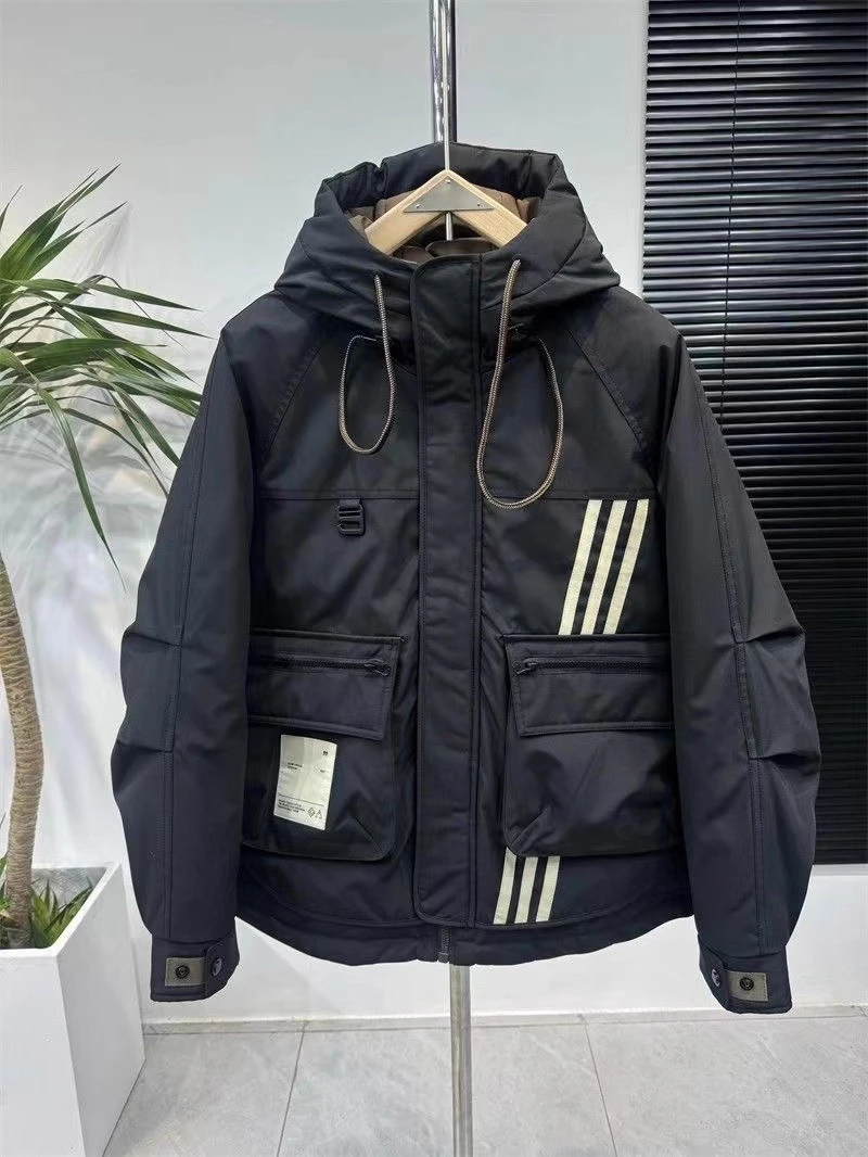 冬季条纹设计棉袄冲锋衣男潮牌宽松连帽秋冬棉服男士冬季短款棉服