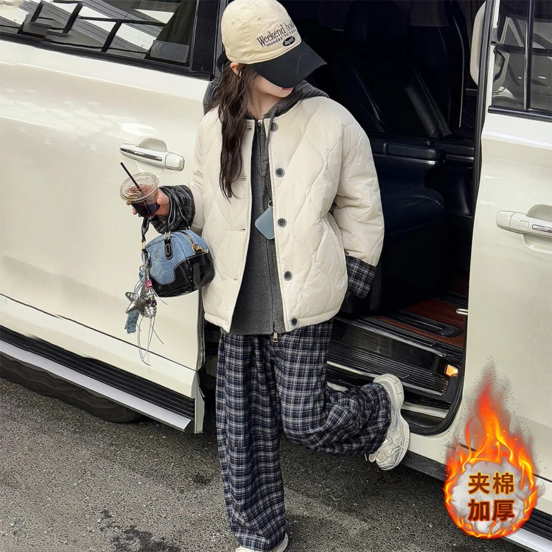 女童秋冬套装2025新款女大童超好看韩系棉服毛衣加绒格子裤三件套