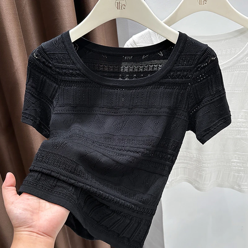 夏季爆款黑色气质小圆领短袖上衣女薄款打底小衫镂空设计针织T恤