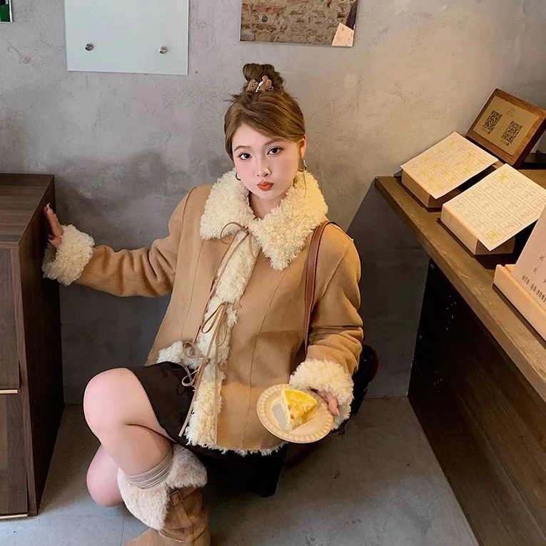 人造皮草 甜绒叙事卷毛翻领绑带羊羔毛外套女冬显瘦环保皮草大衣