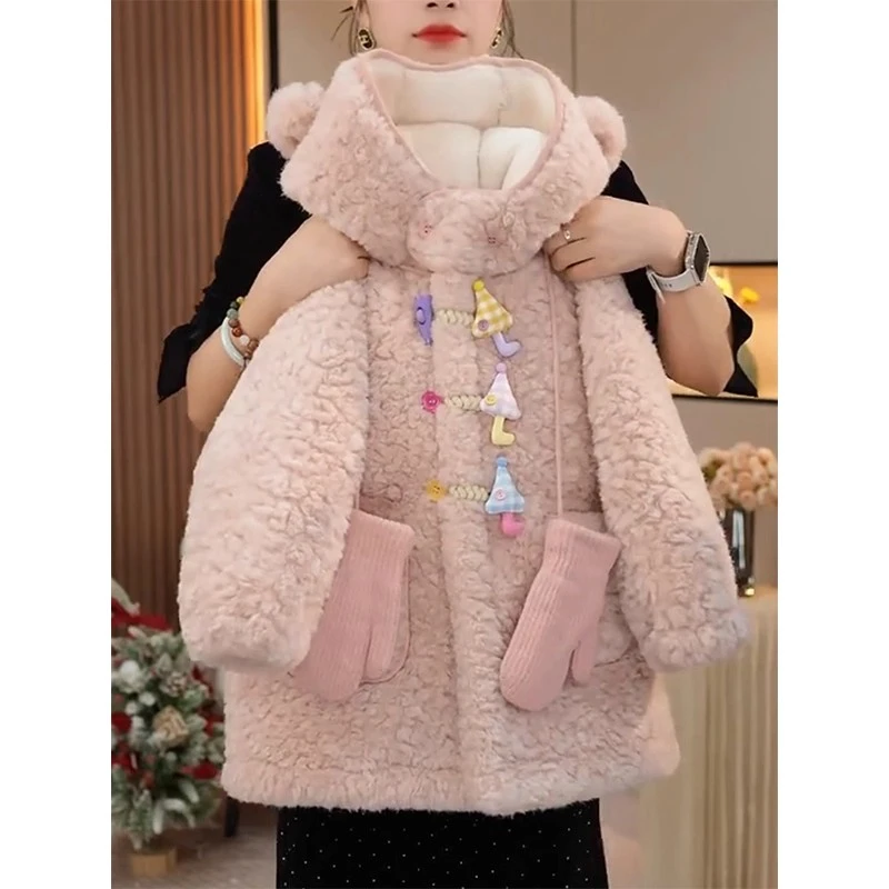 女童加绒外套秋冬装2025新款儿童连帽上衣韩版女孩毛毛外套女童