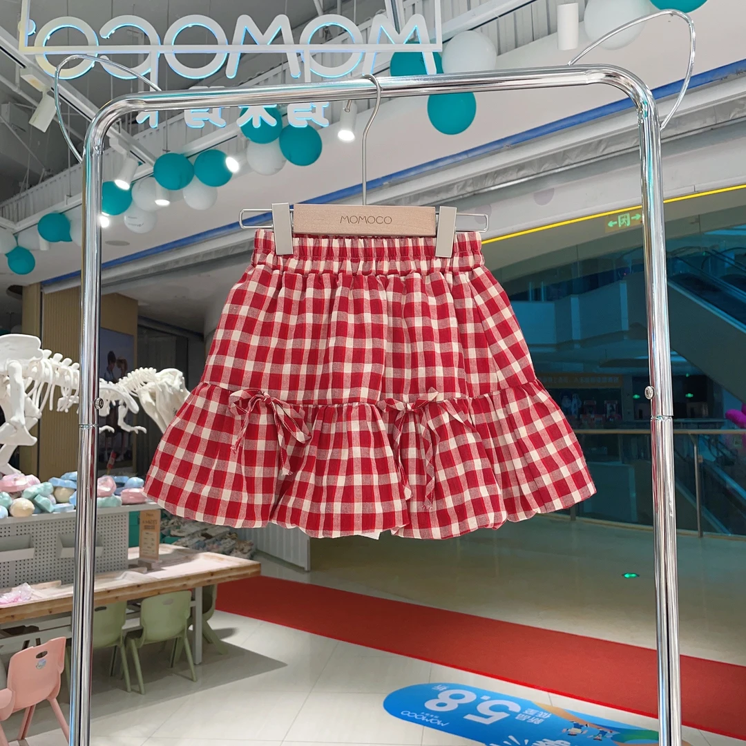 MOMOCO2025款夏季儿童女童时尚韩系红色格子花苞裙77630472011
