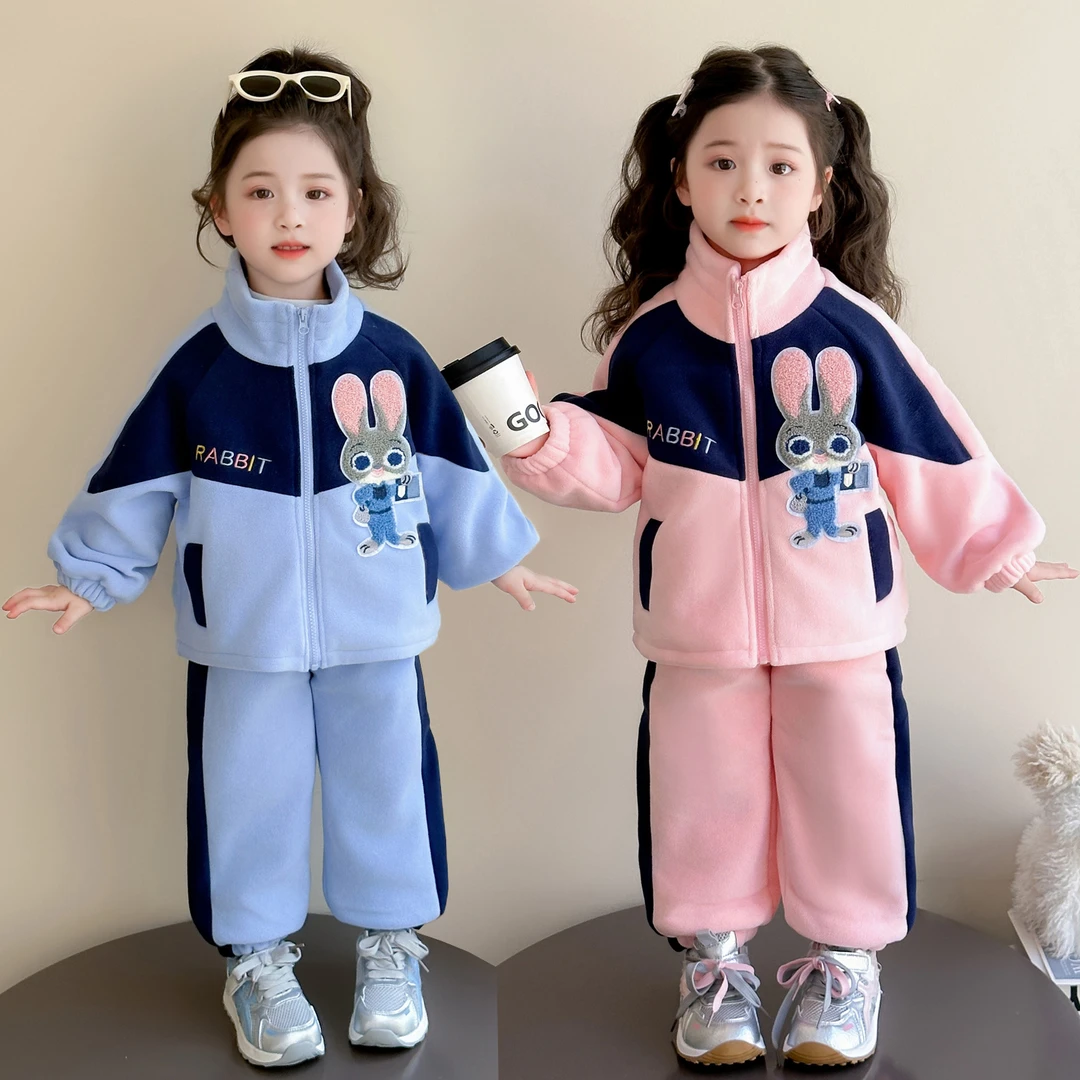 加厚运动女童卡通刺绣卫衣套装卡通动漫女童装冬款兔子警官加绒