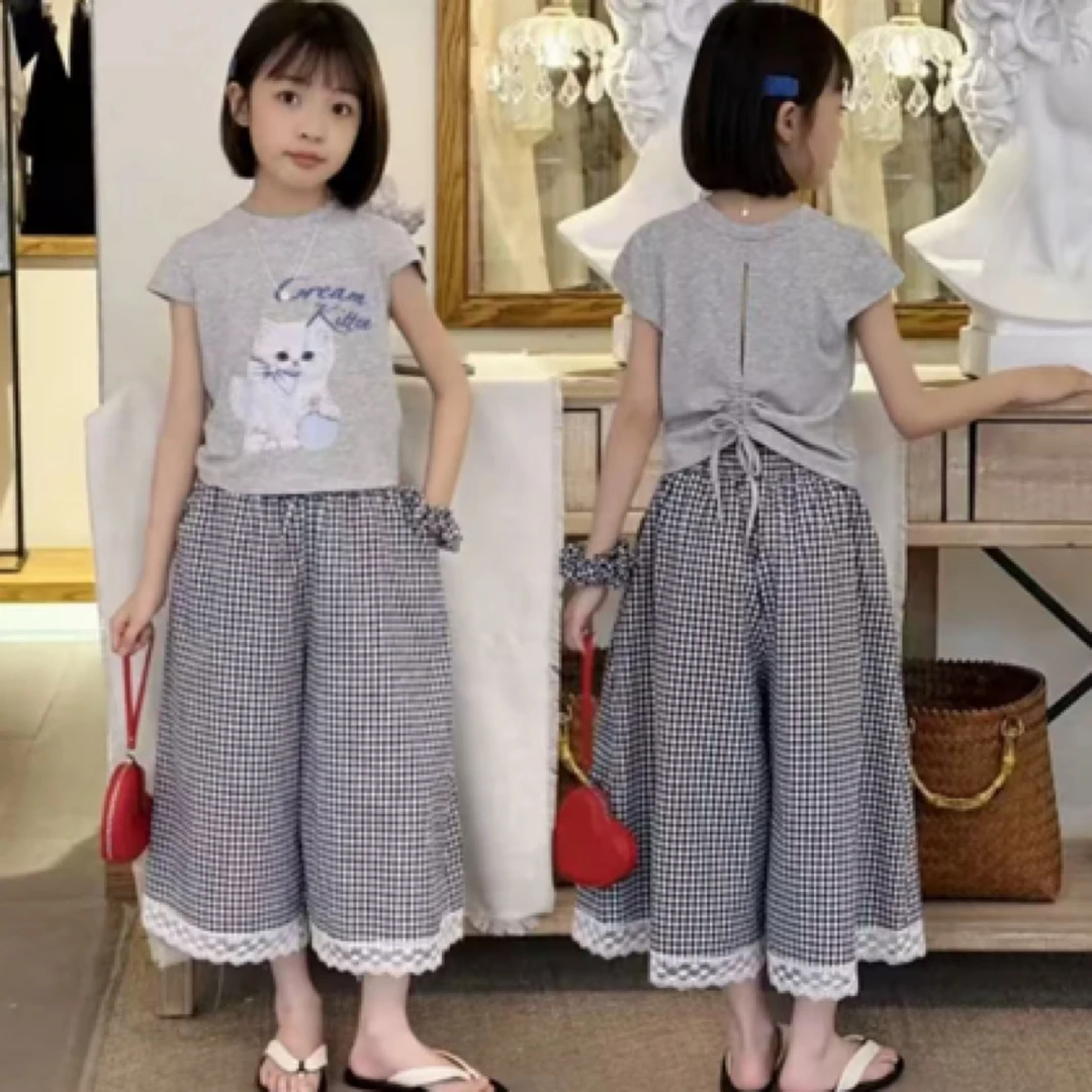 女童套装夏季2025新款洋气中大儿童夏装时髦短袖T恤女孩阔腿裤潮