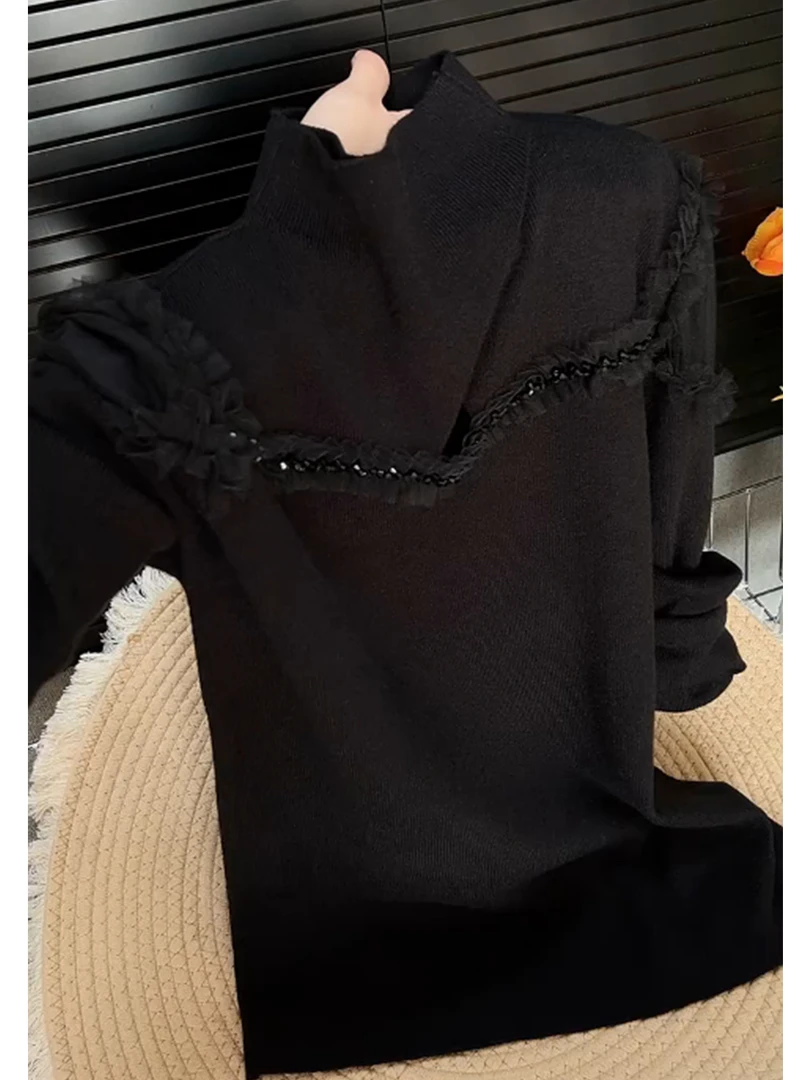 设计感蕾丝拼接黑色半高领针织衫女2025冬季新款法式修身显瘦毛衣
