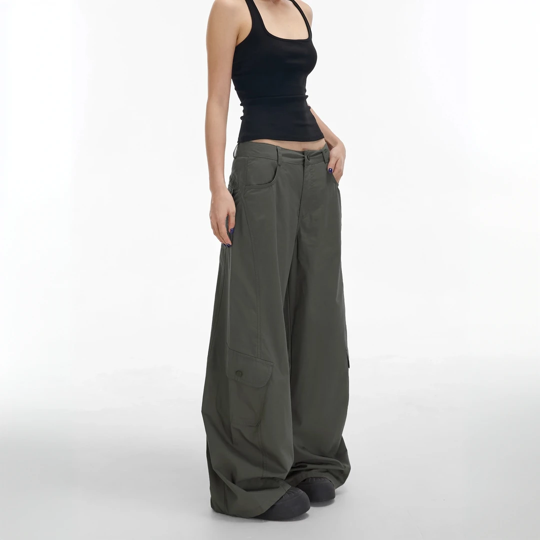 设计感美式复古辣妹街头军绿弯刀裤百搭显瘦多口袋阔腿工装休闲裤