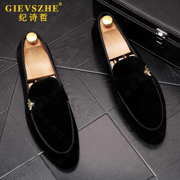 纪诗哲轻奢豆豆鞋男士尖头套脚小皮鞋新款磨砂刺绣休闲懒人乐福鞋