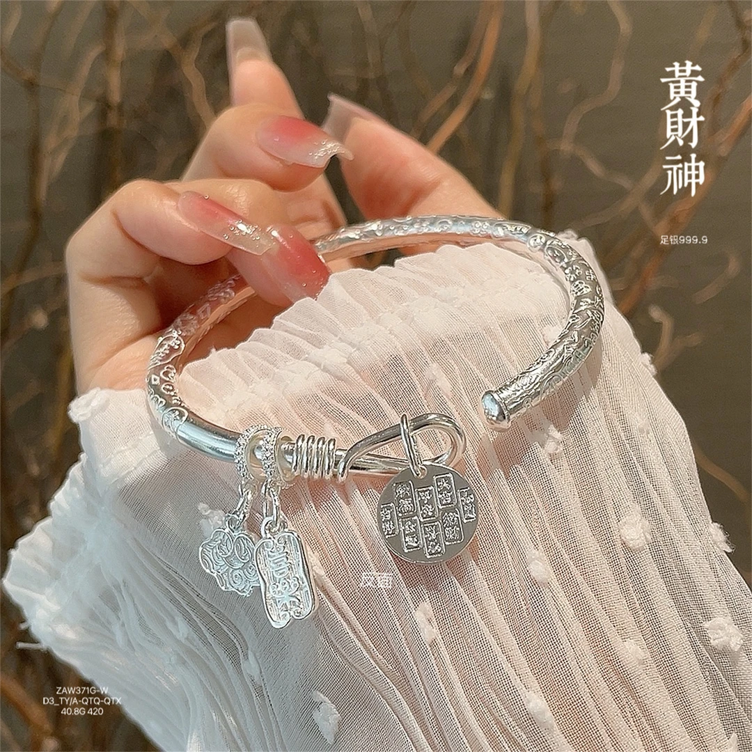 足银手镯 足银999.9吉言黄财神手镯新款爆款时尚潮流百搭女生手镯