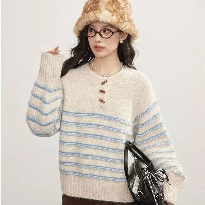 法式复古慵懒风圆领针织衫撞色条纹2025针织毛衣女冬小众遮肚子