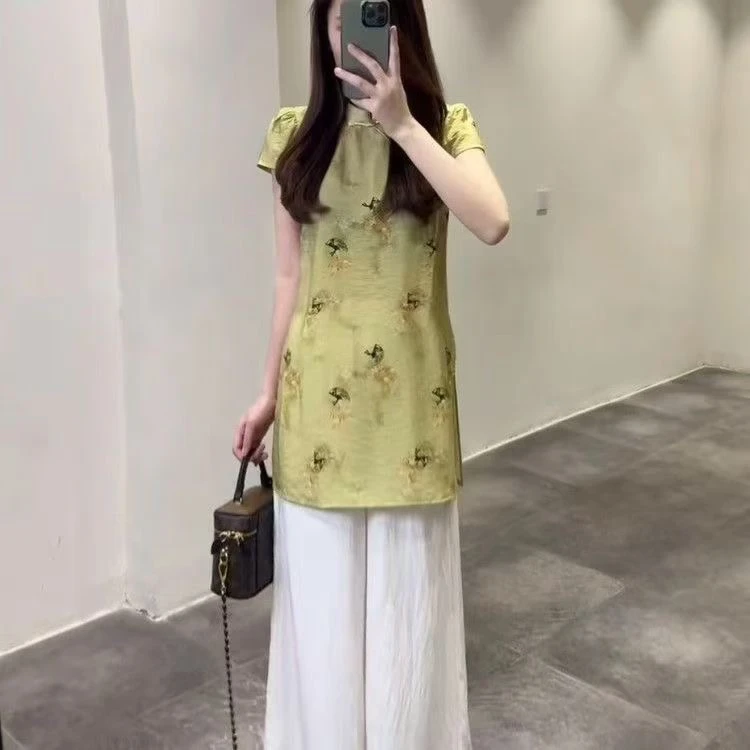 新中式国风两件套女夏季新款印花盘扣开叉上衣＋高腰阔腿长裤套装