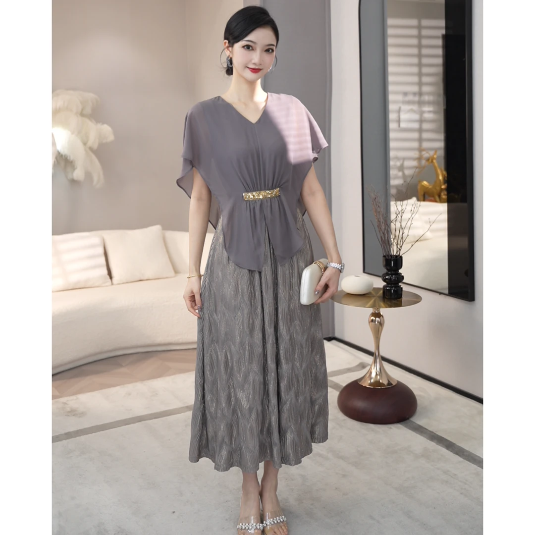 唐熹2025夏季新款【ZM-X867】法式小众高级感V领灰色收腰显瘦连衣裙
