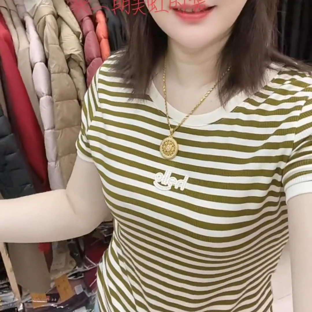 圆领短袖条纹后面美背蝴蝶结短袖上衣