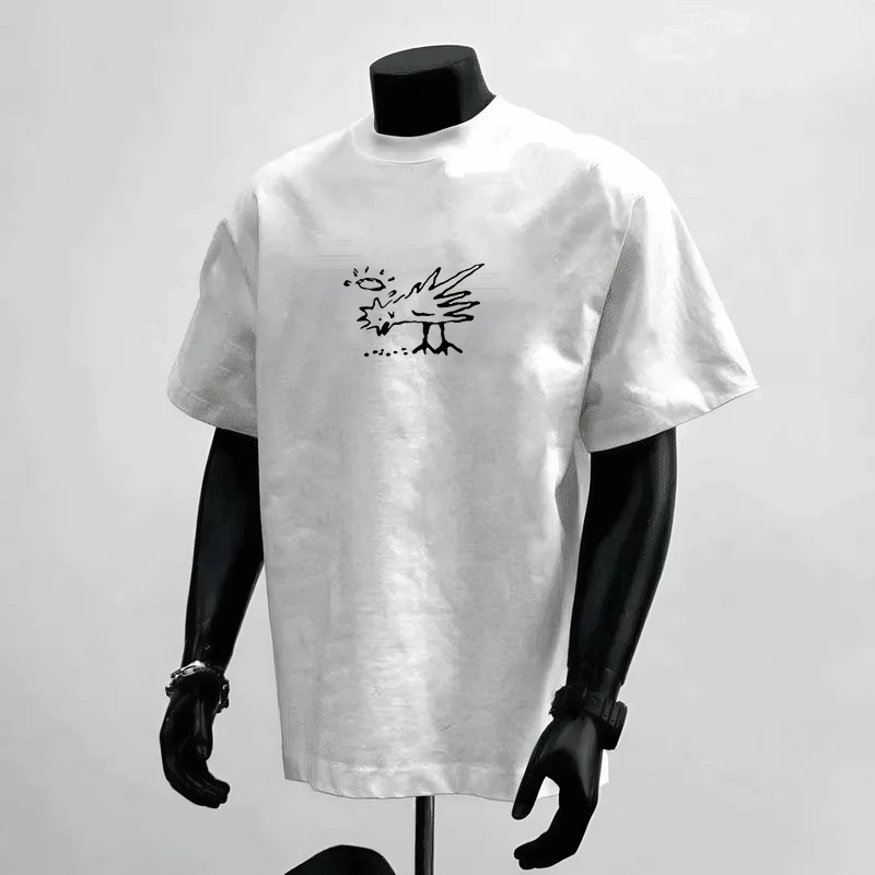 260g重磅纯棉卡通小鸡印花轻奢圆领短袖情侣装白T恤oversize