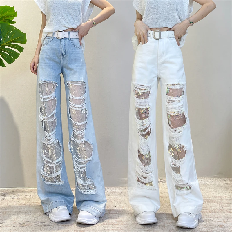 迪否破洞牛仔裤女款新款夏季薄款时尚高腰宽松慵懒风阔腿裤6089