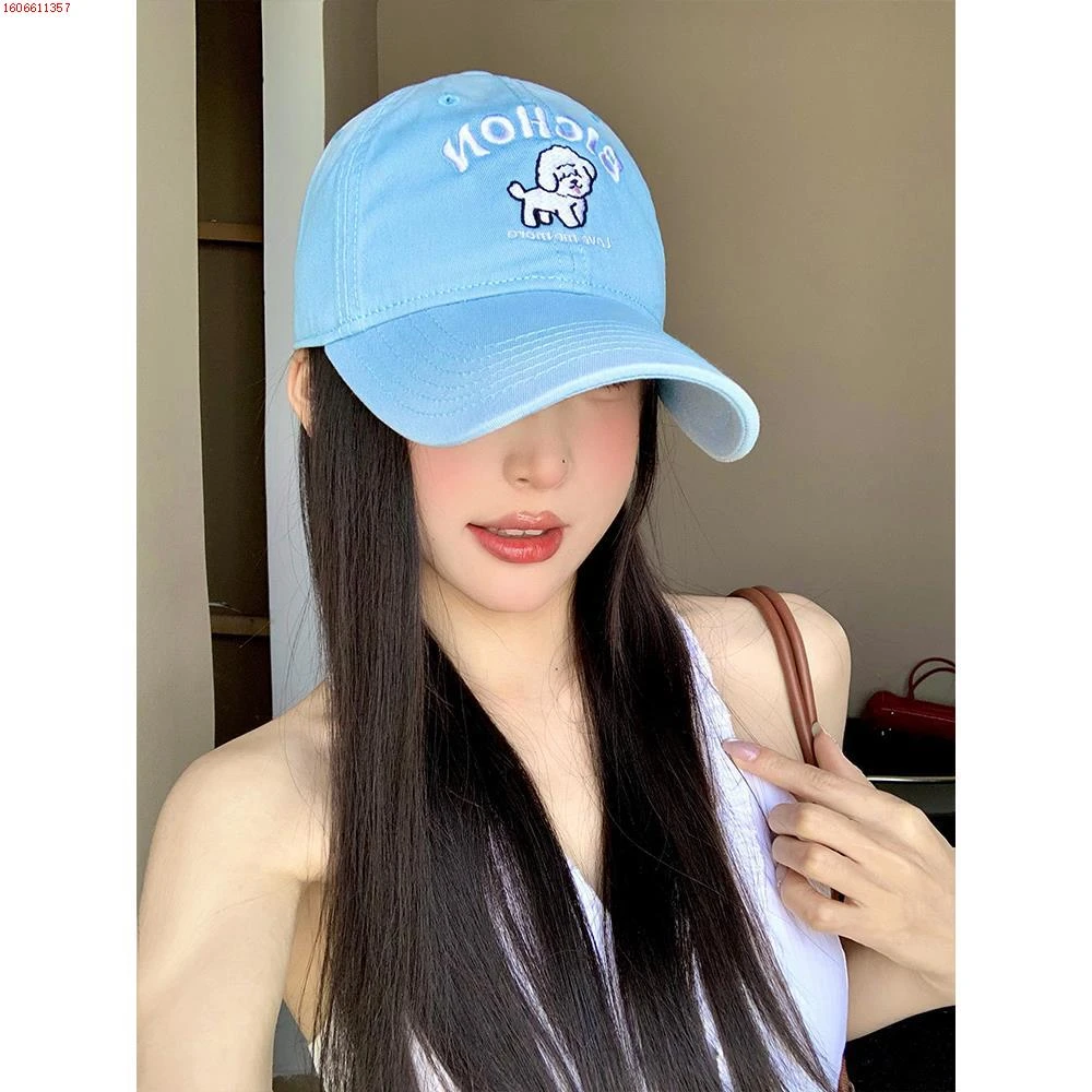 字母小狗刺绣棒球帽女宽帽檐大脸显脸小鸭舌帽韩版大头围蓝色帽子