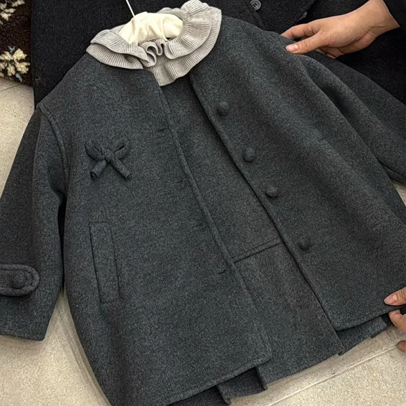 女童秋冬2025新款日系加厚毛呢外套花边领打底衫时尚半身裙三件套