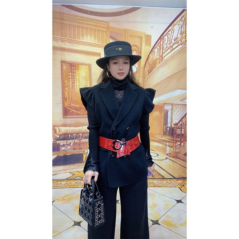 001马甲女春季新款韩版双排扣西装领荷叶边无袖气质时髦外套