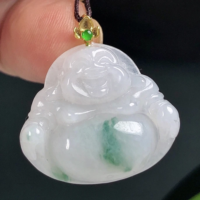 缅甸天然翡翠A货18K金扣镶嵌飘花佛公小吊坠飘菠菜绿正品玉佛挂坠