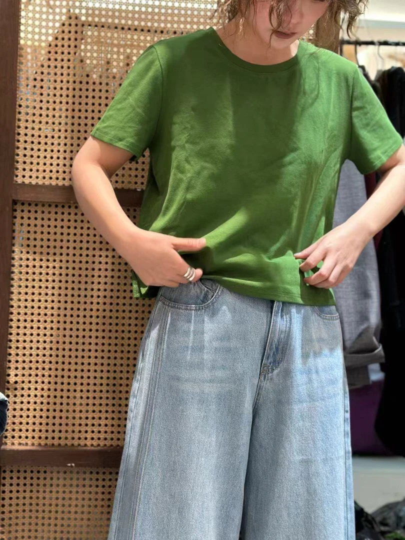 休闲纯色女款简约短袖百搭宽松圆领绿色