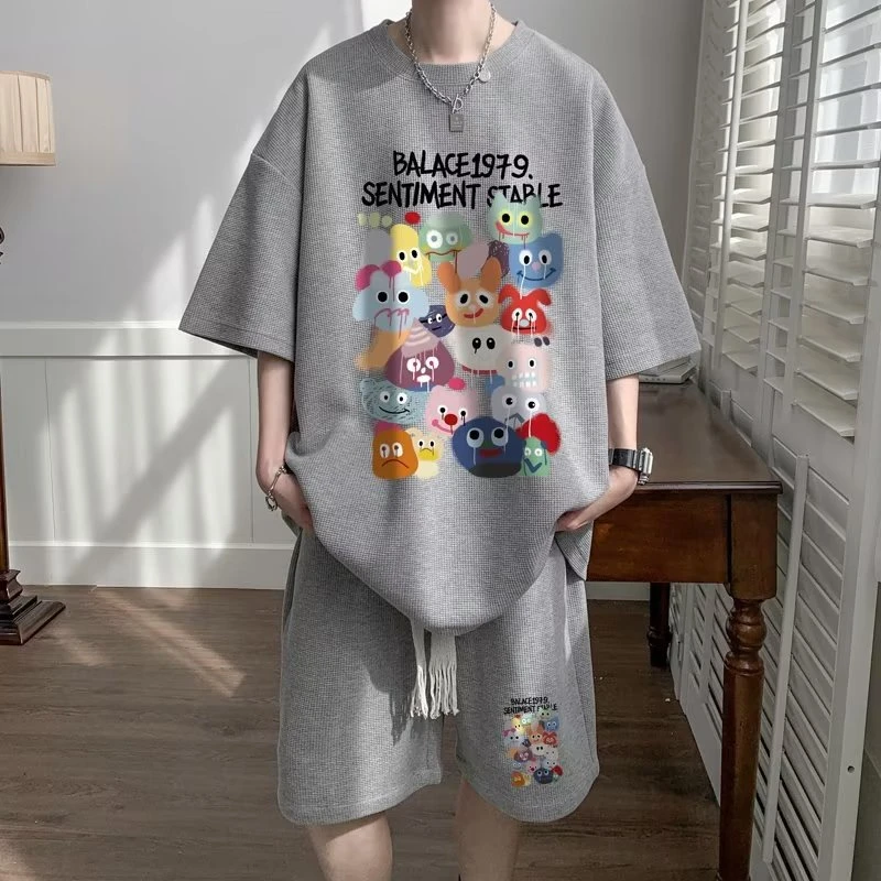 运动休闲服爆款男夏季潮流冰丝华夫格套装时夏季华夫格运动套装