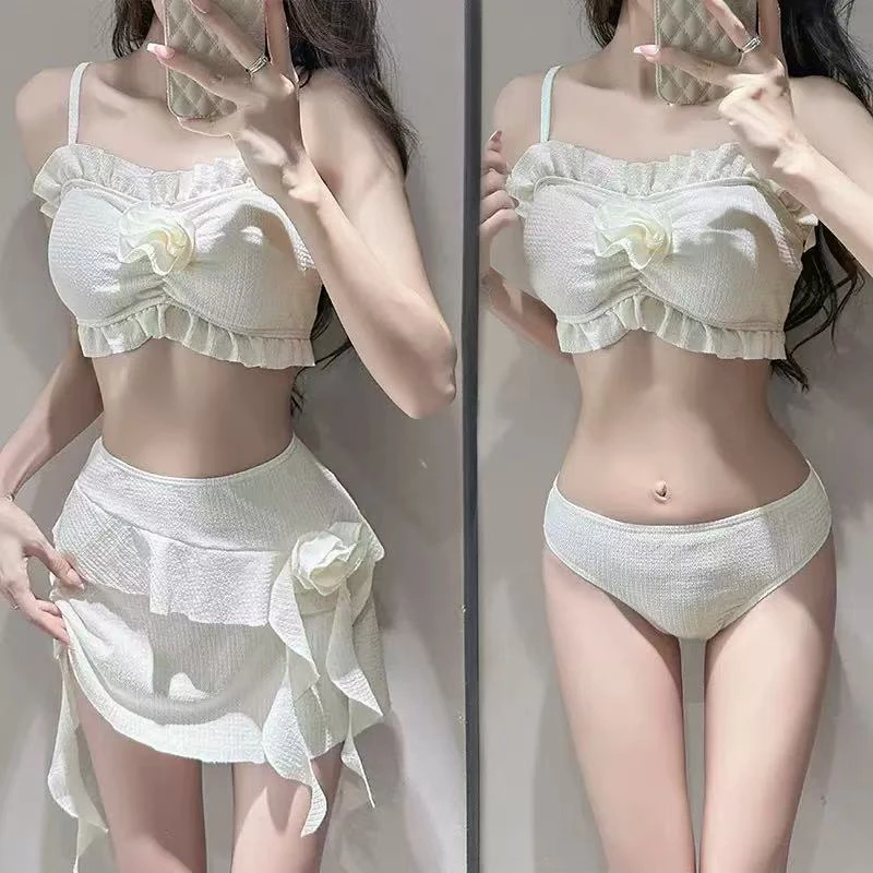 分体吊带白色三件套泳衣