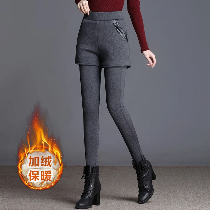 羊羔绒假两件打底裤女秋冬高腰弹力休闲外穿保暖小脚裤子加厚保暖