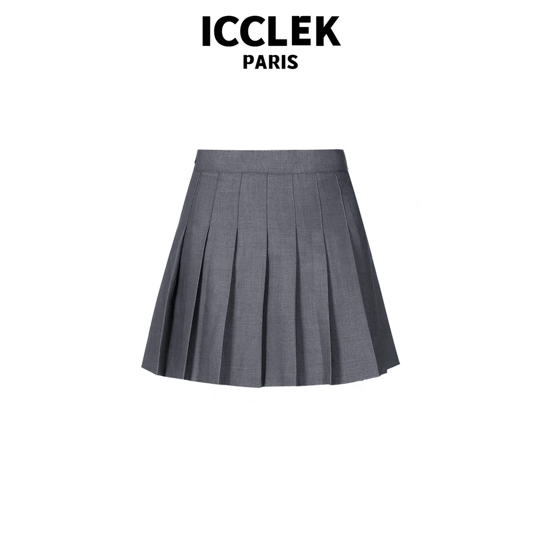 ICCLEK 经典百搭灰色压褶半身裙夏季显瘦学院风时尚气质裙子-2905
