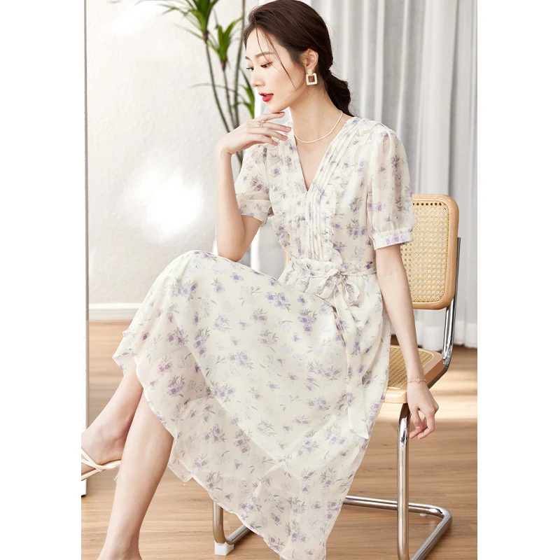 *碎花连衣裙女夏新款收腰显瘦V领法式短袖茶歇桔梗裙M1786