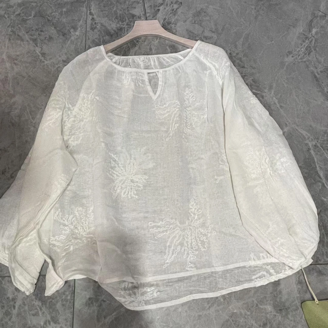 ZM51203 刺绣提花长袖白色国风圆领透气舒适衬衫