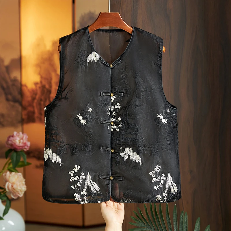 新中式国风亭台楼阁金线刺绣盘扣马甲夏季休闲欧根纱国风马夹背心