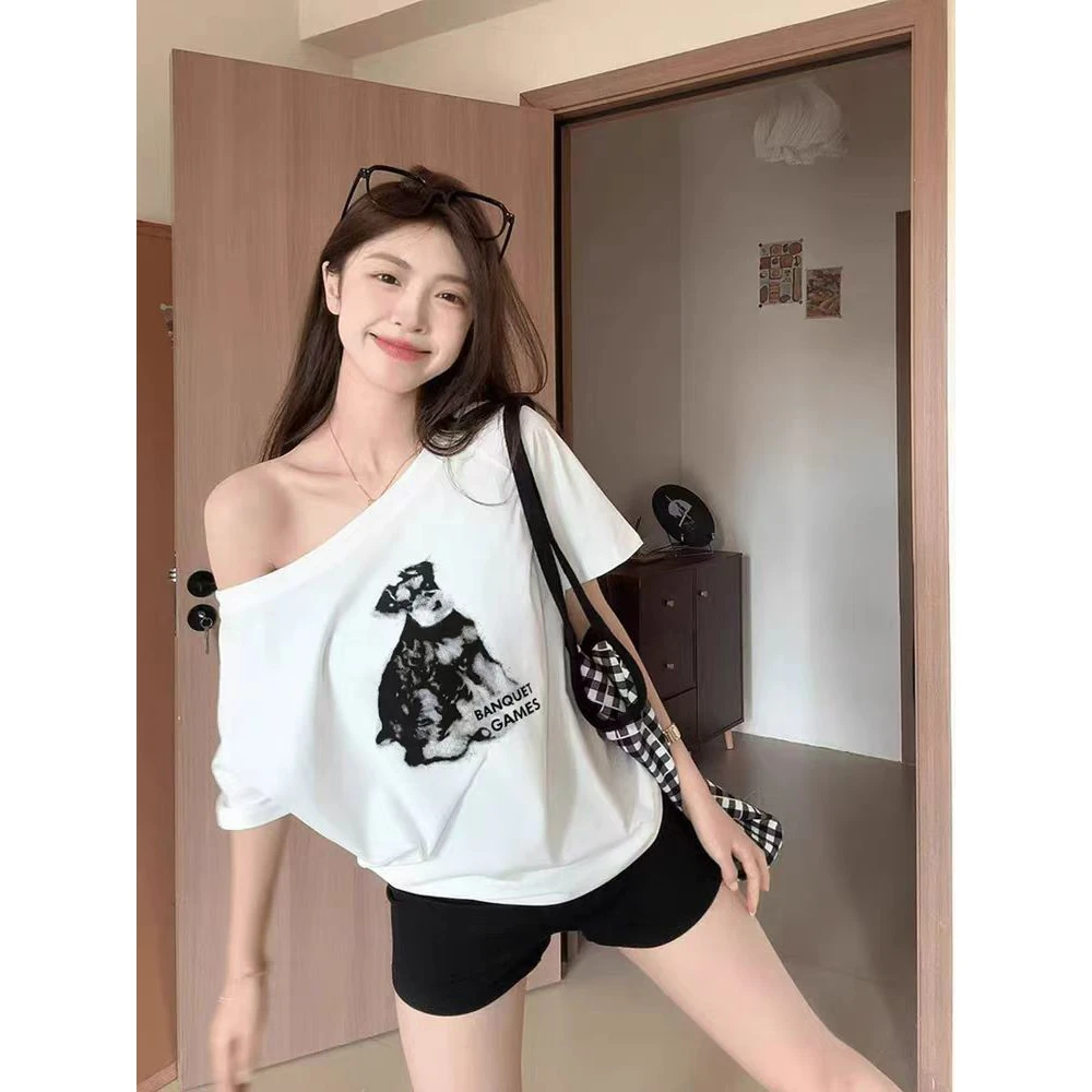 1183-美式慵懒辣妹小狗印花斜肩短袖T恤女夏季新款松弛感休闲露肩