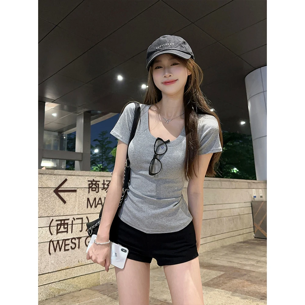 1156-短袖T恤女U型圆领2025夏修身正肩白色上衣百搭纯欲风棉吸汗