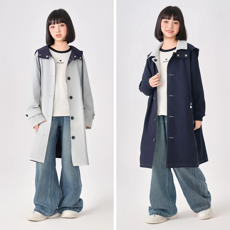 2249女孩风衣双面穿2025新款秋季洋气大姑娘中长款学院风连帽外套
