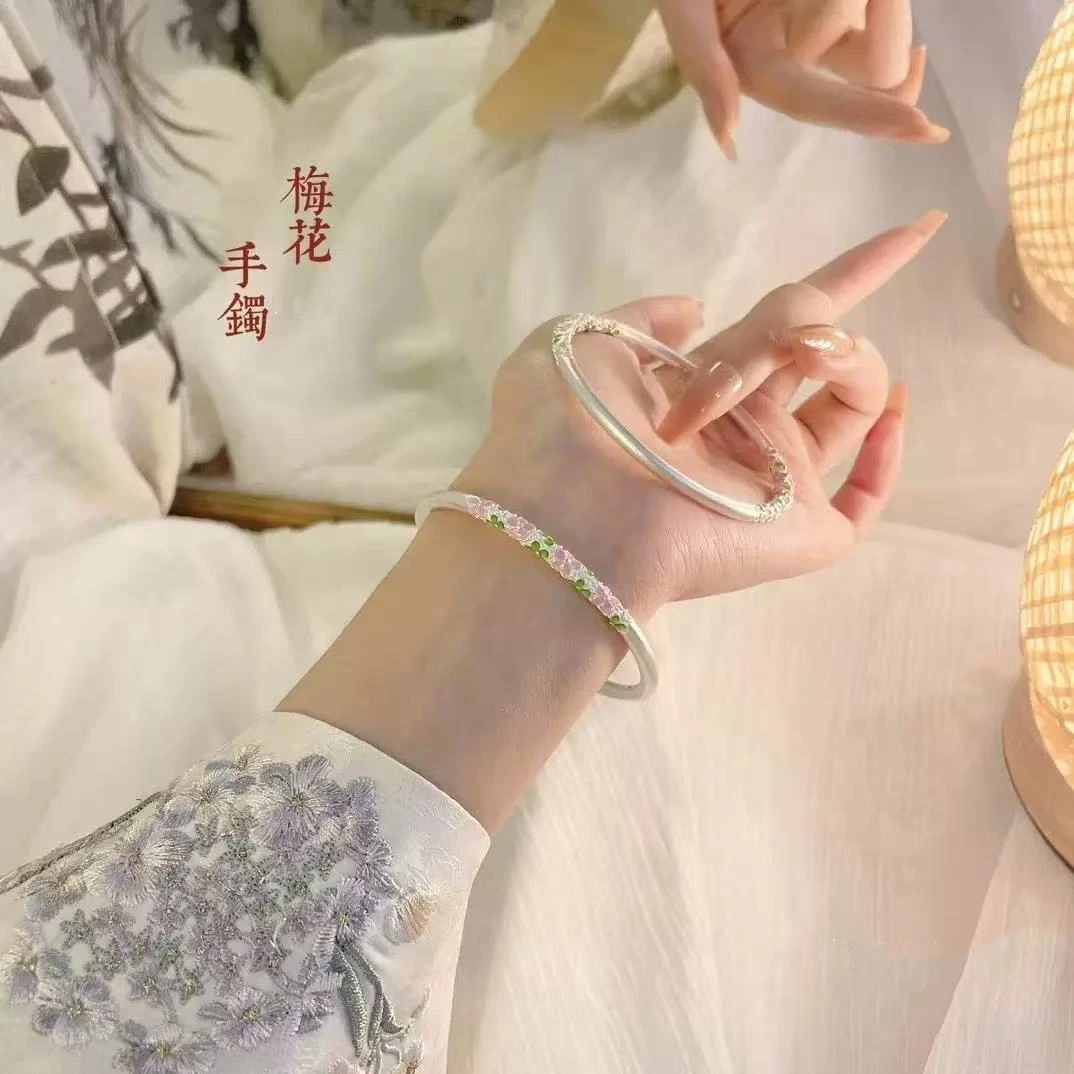 足银手镯29号链接足银999.9珐琅梅花闭口手镯女国风送女友闺蜜