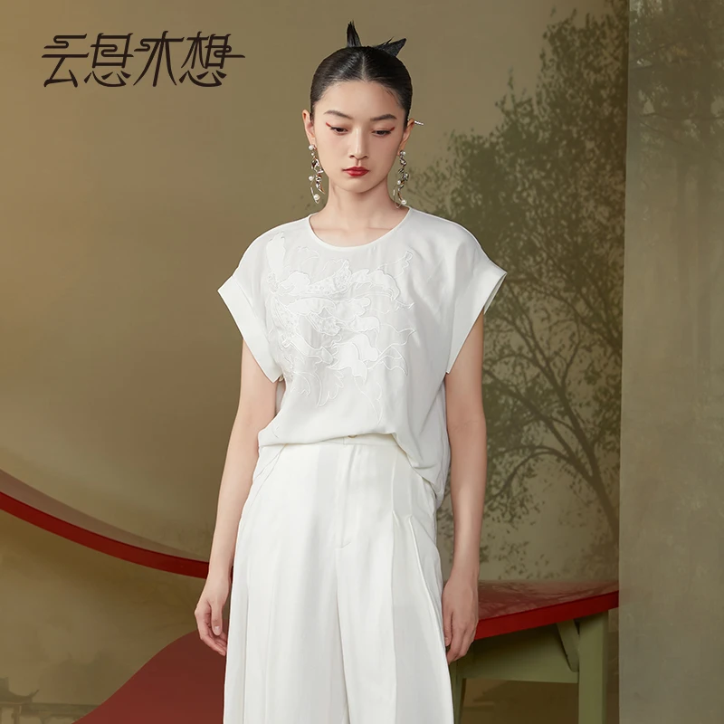 Ysimo-X云思木想新中式2024夏季新款绣花钉珠圆领女士衬衫11935
