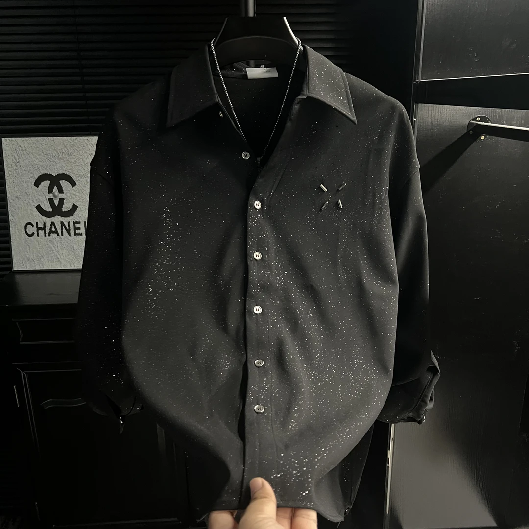 H-衬衫长袖潮牌黑色星星闪光丝滑高奢扣子翻领上衣男装