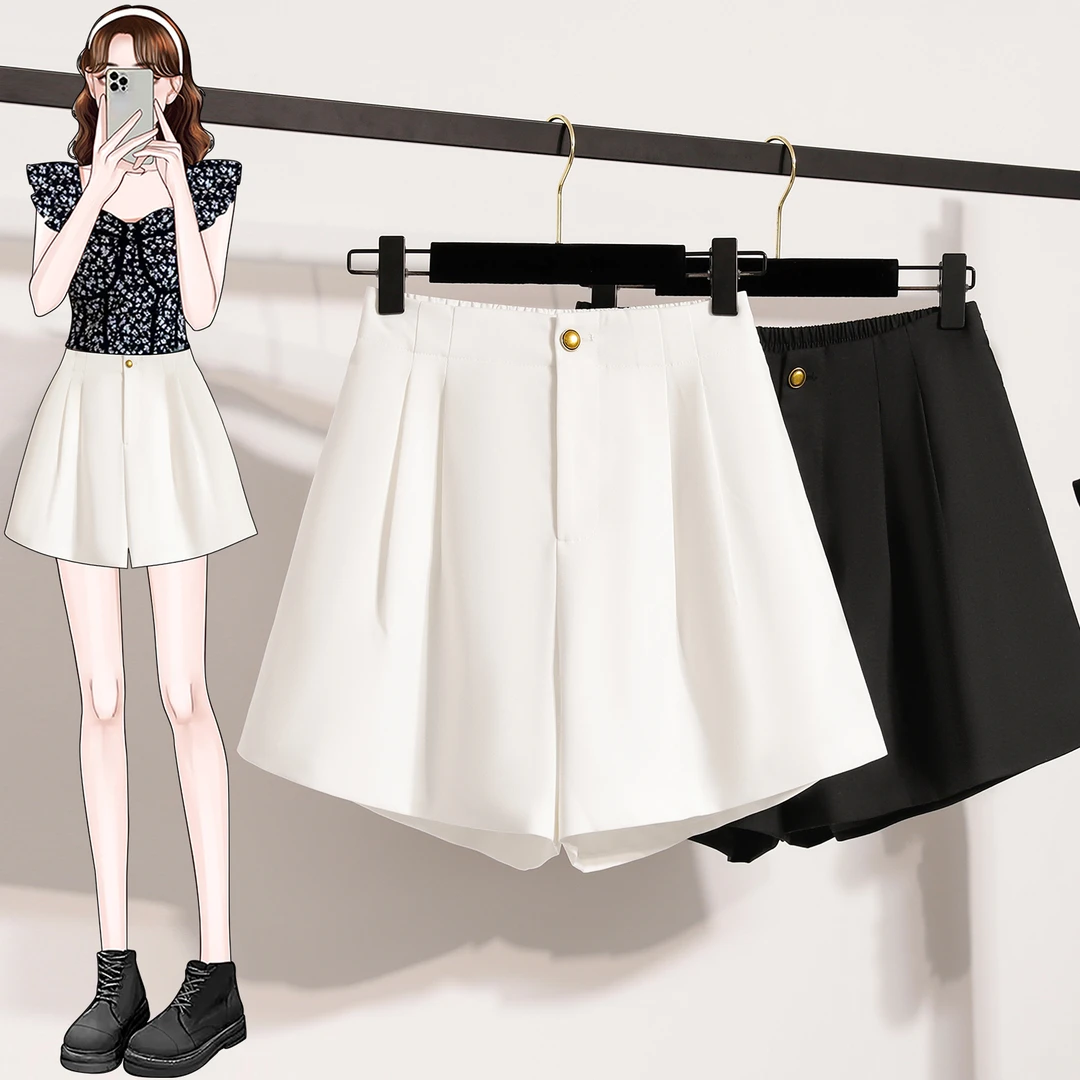 夏季大码女装胖妹妹胖mm白色A字阔腿短裤高腰显瘦宽松百搭裤子