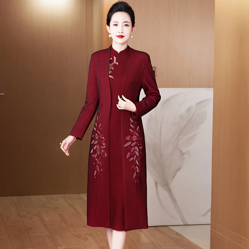 2025年春季两件套可两穿修身旗袍妈妈装立领中长款重工钉珠连衣裙