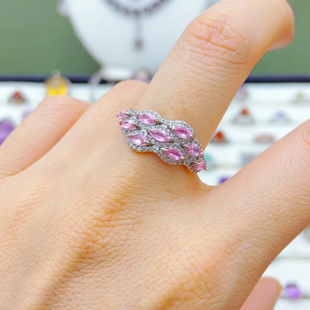 戒指彩色蓝宝石银S925镶嵌