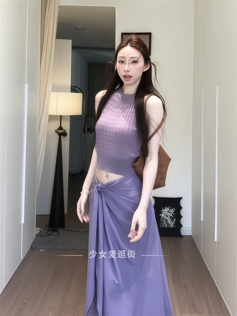 度假风气质套装女麻花挂脖针织背心高腰系带蝴蝶结半身长裙两件套
