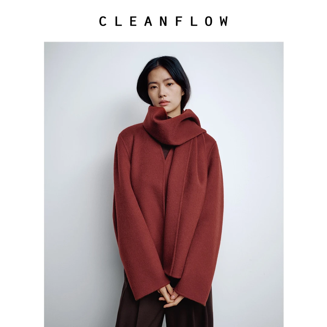 CLEANFLOW | 羊驼毛安可拉红双面弧领毛呢外套女2024冬新款大衣