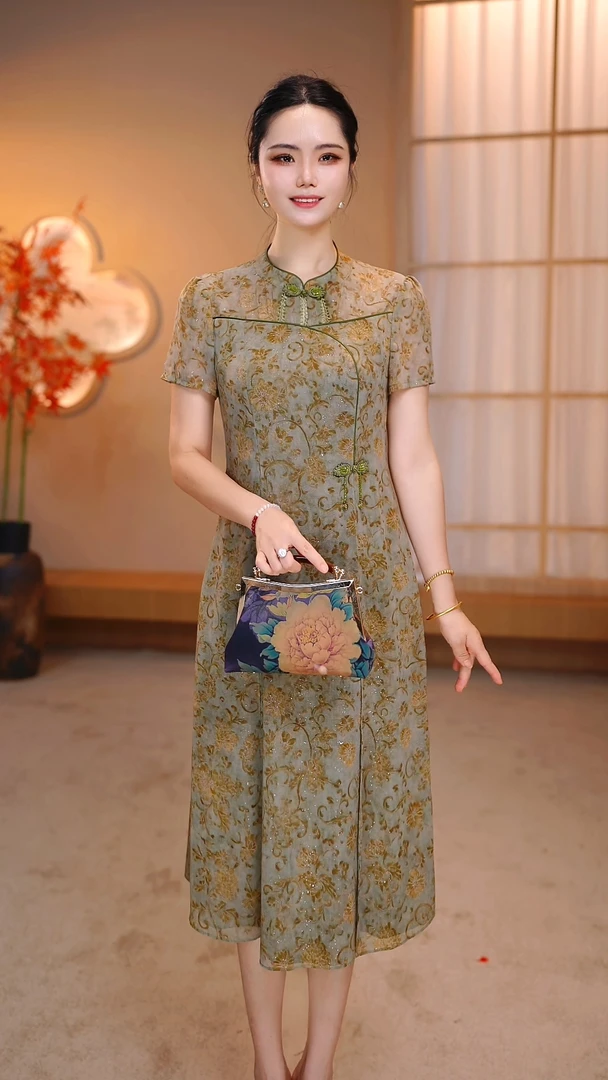 知性风旗袍长裙女款高级感连衣裙大方温婉新中式妈妈装FY-796